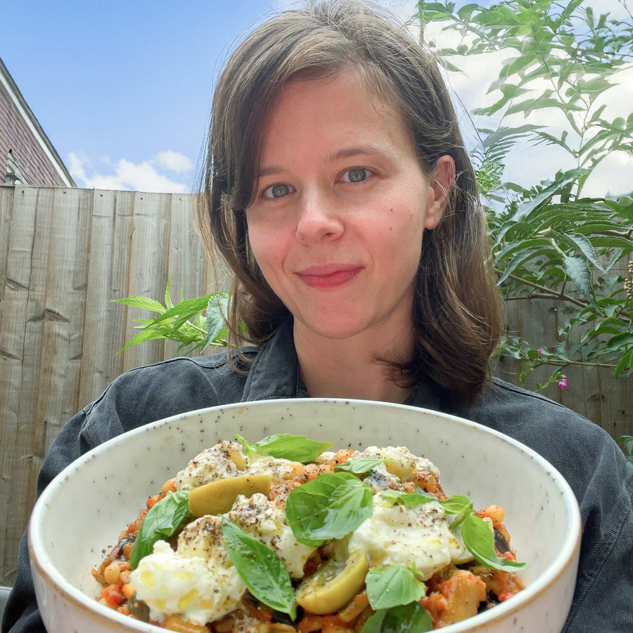 Aubergine Caponata with Fregola, Burrata and Olives