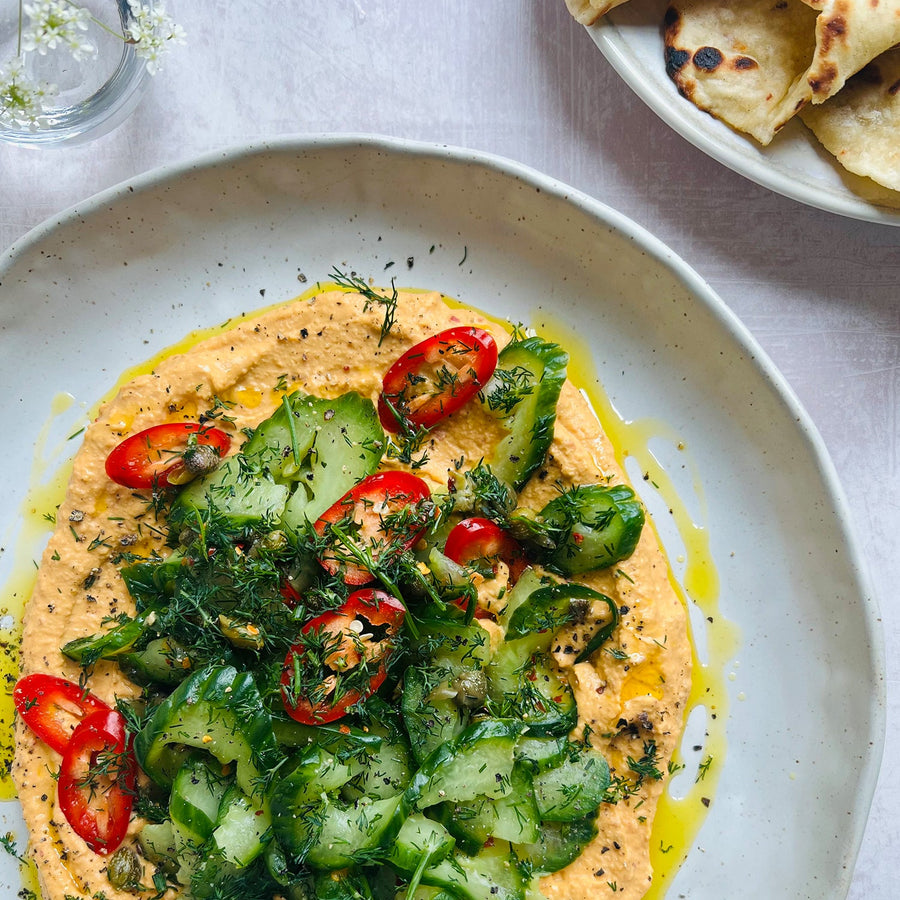 Harissa Hummus, Pickled Cucumber