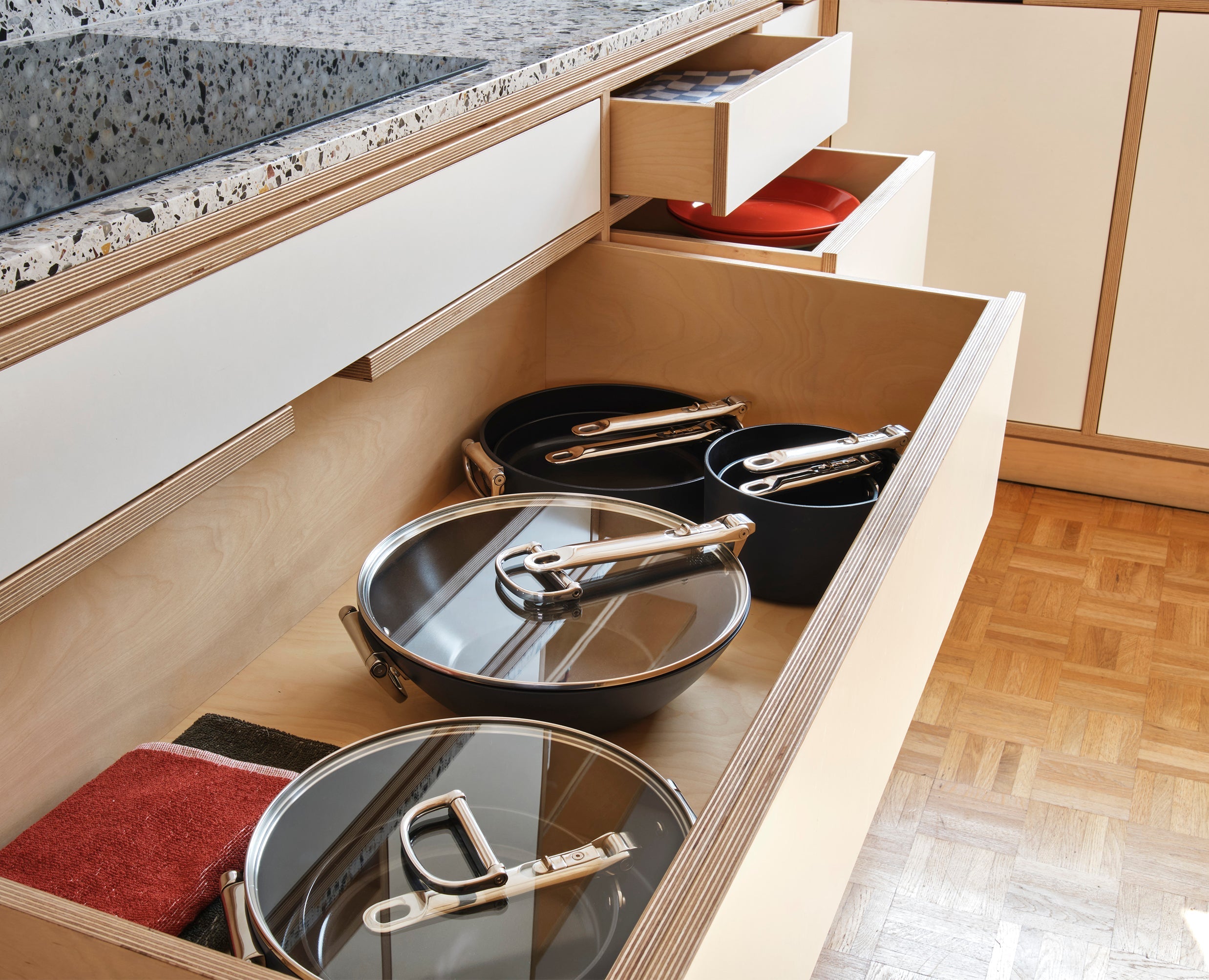 Space Folding Handle Ceramic Non-stick 32cm Blue Wok &amp; Lid