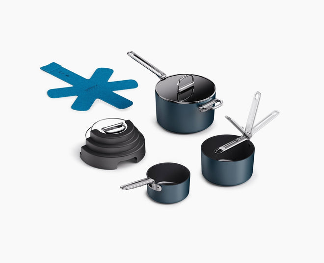 Space Stack Folding Handle Non-Stick 3-Piece Blue Saucepan Set With Lid Storage