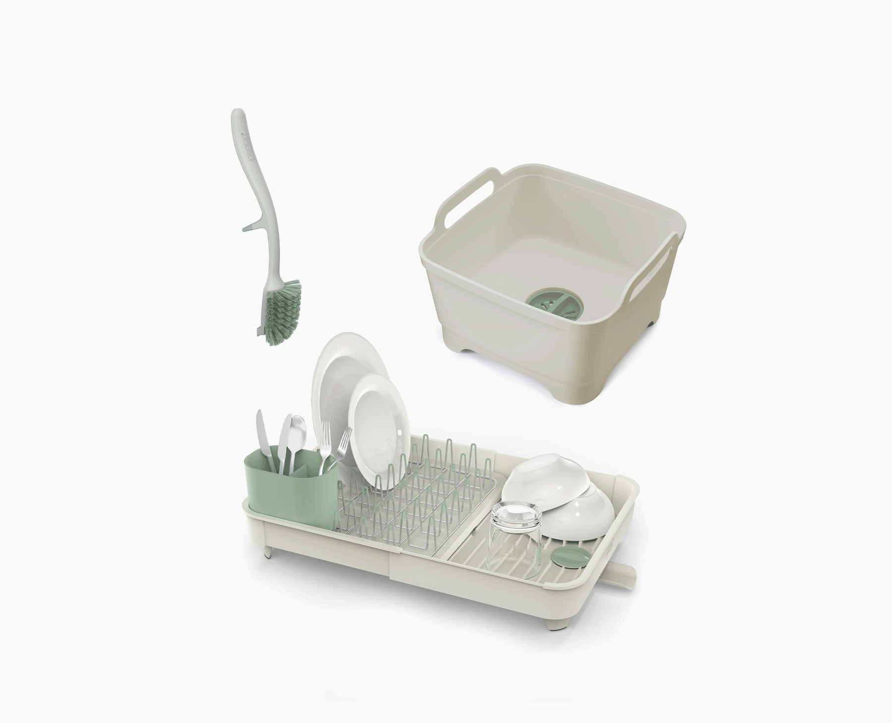 3-piece Stone Green Drainer, Washing-up Bowl &amp; Brush Set