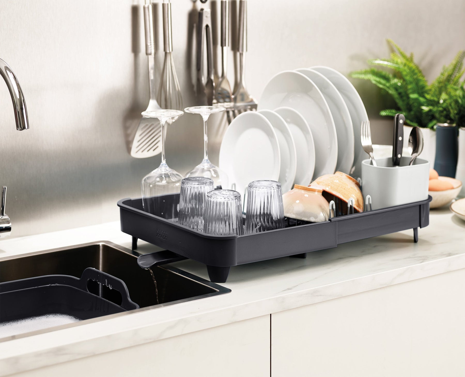 3-piece Grey Drainer, Washing-up Bowl &amp; Brush Set