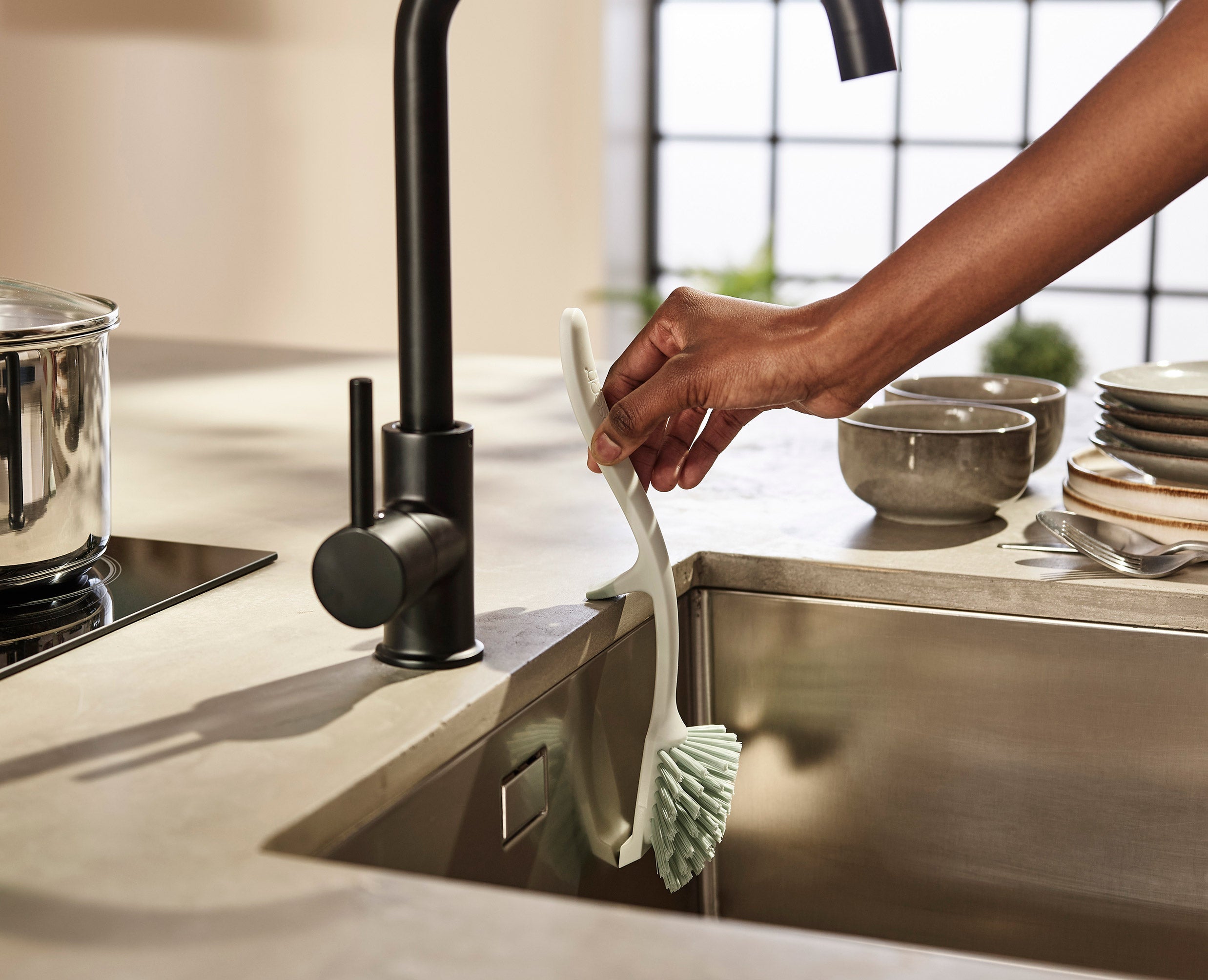3-piece Stone Green Drainer, Washing-up Bowl &amp; Brush Set