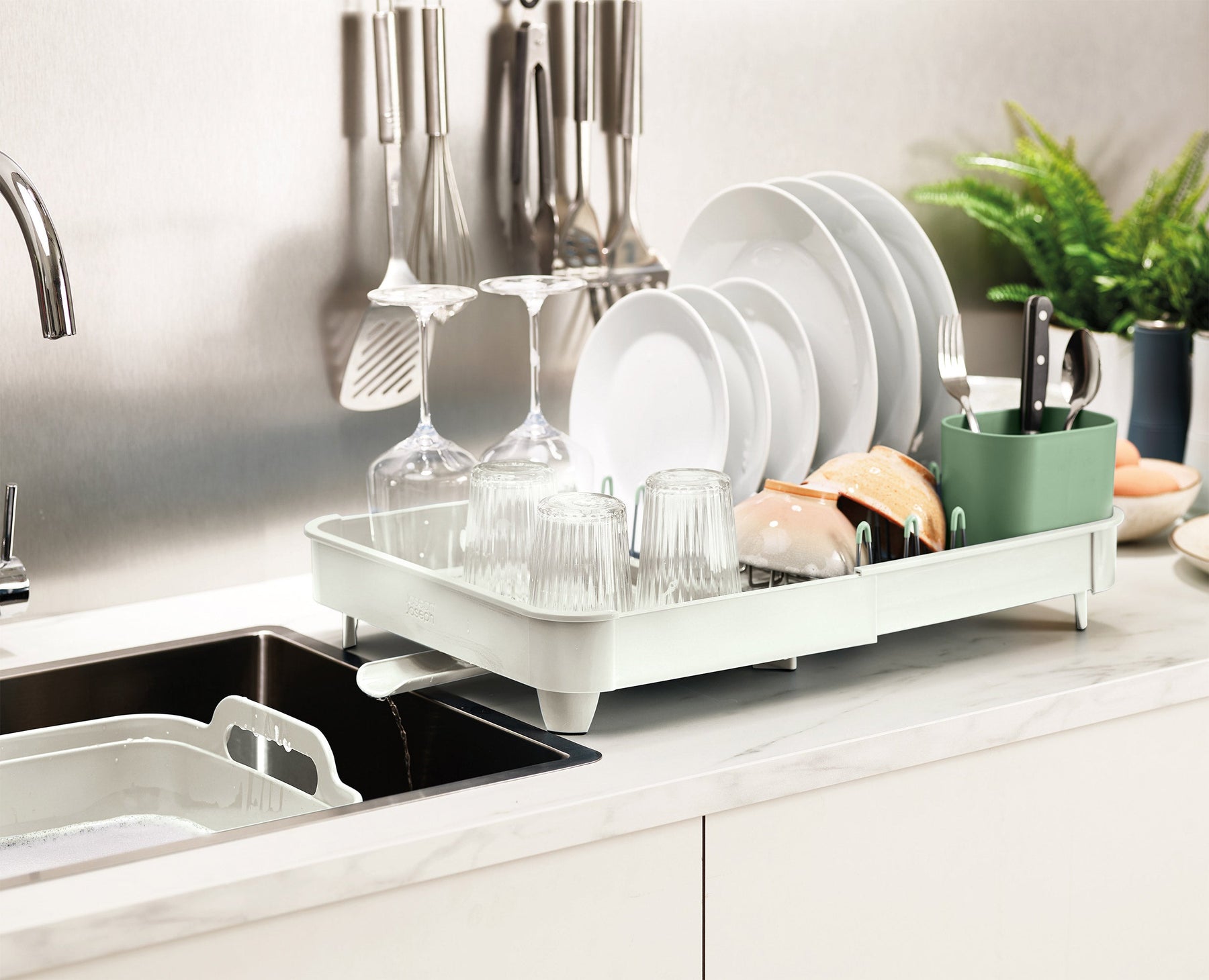 3-piece Stone Green Drainer, Washing-up Bowl &amp; Brush Set