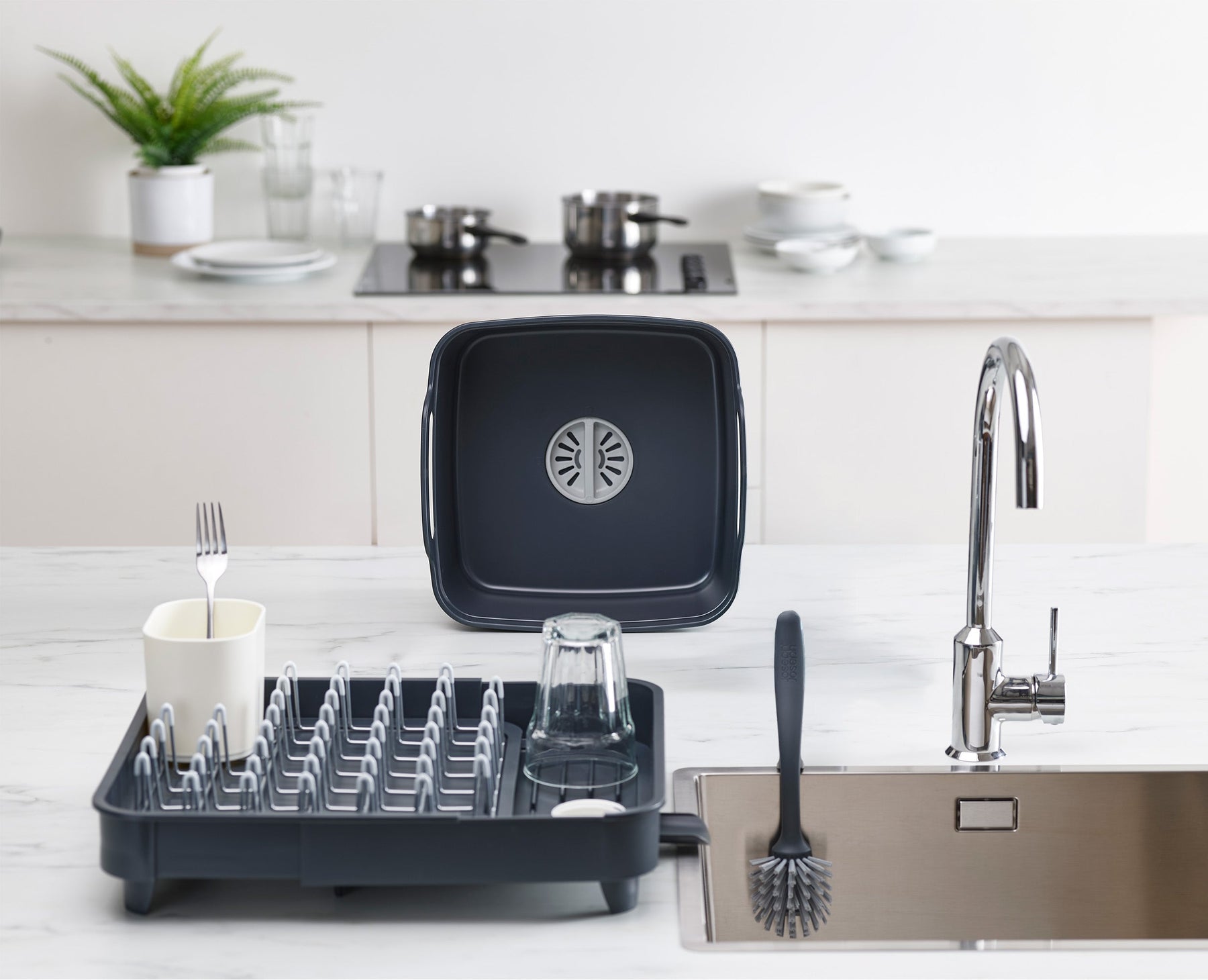 3-piece Grey Drainer, Washing-up Bowl &amp; Brush Set